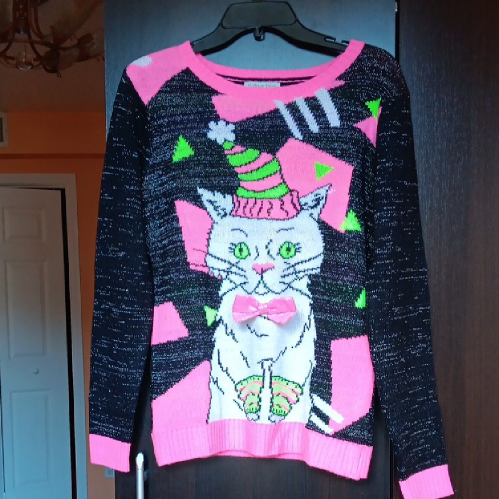 Ugly Christmas Sweater With Playful Cat Design- Pink & Black